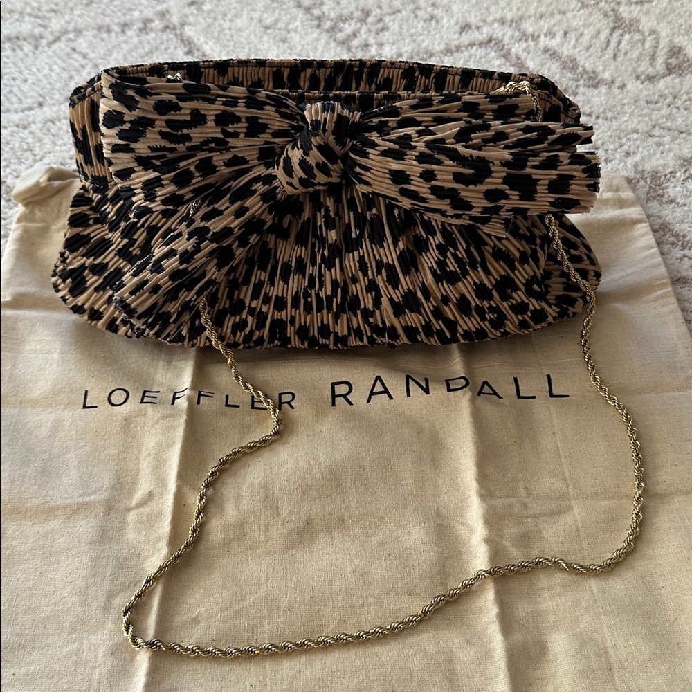 Loeffler Randall Pleated Leopard Bow Clutch w/ Gold Chain Strap Evening Bag - Picture 8 of 17